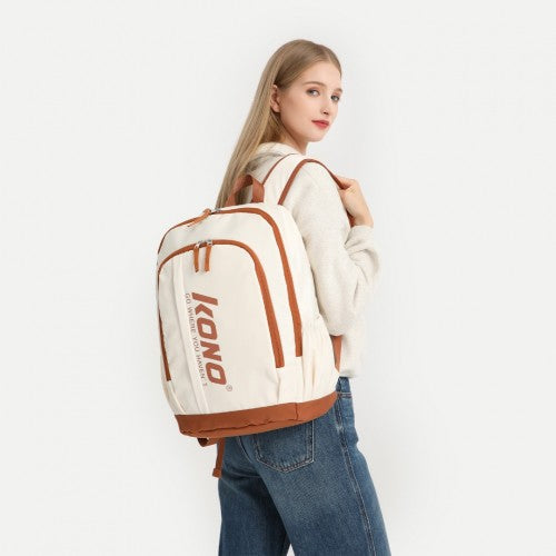 Kono Contrasting Colors Waterproof Casual Backpack With Laptop Compartment - Beige