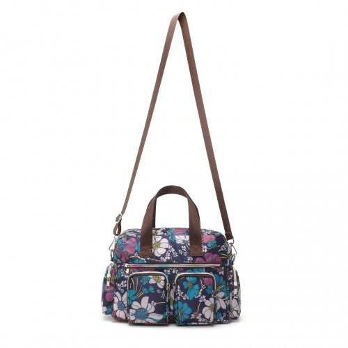 Kono Sleek Multi-Pocket Water-Resistant Crossbody Tote Bag With Flower Print - Navy