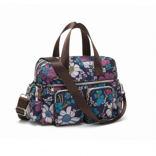 Kono Sleek Multi-Pocket Water-Resistant Crossbody Tote Bag With Flower Print - Navy