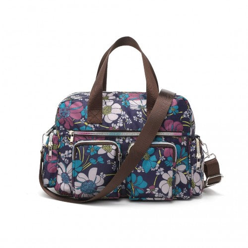 Kono Sleek Multi-Pocket Water-Resistant Crossbody Tote Bag With Flower Print - Navy