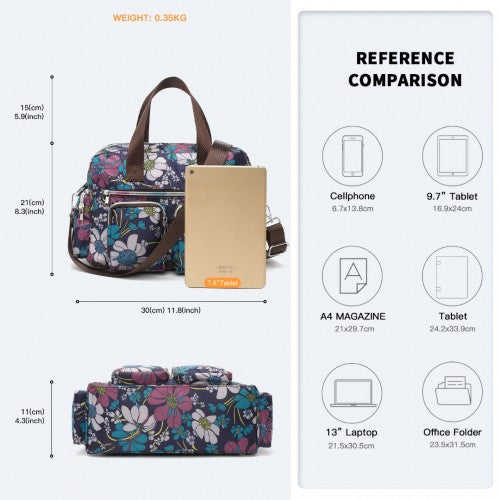 Kono Sleek Multi-Pocket Water-Resistant Crossbody Tote Bag With Flower Print - Navy