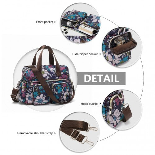 Kono Sleek Multi-Pocket Water-Resistant Crossbody Tote Bag With Flower Print - Navy