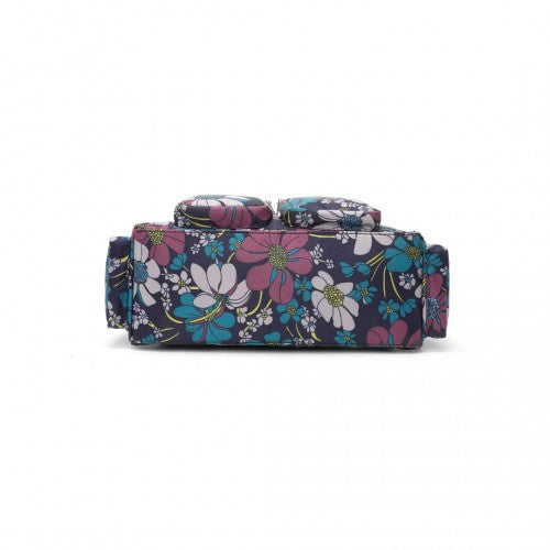 Kono Sleek Multi-Pocket Water-Resistant Crossbody Tote Bag With Flower Print - Navy