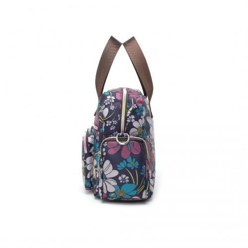 Kono Sleek Multi-Pocket Water-Resistant Crossbody Tote Bag With Flower Print - Navy