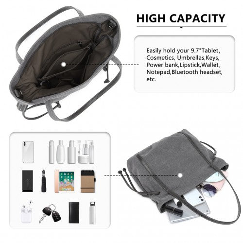 Kono Large Capacity Canvas & Leather Fusion Shoulder Tote Bag - Grey