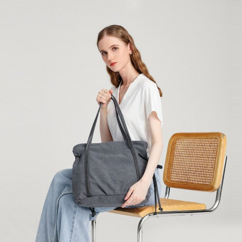 Kono Large Capacity Canvas & Leather Fusion Shoulder Tote Bag - Grey