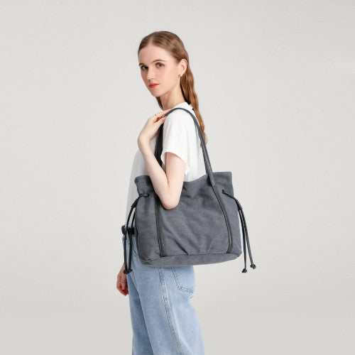 Kono Large Capacity Canvas & Leather Fusion Shoulder Tote Bag - Grey