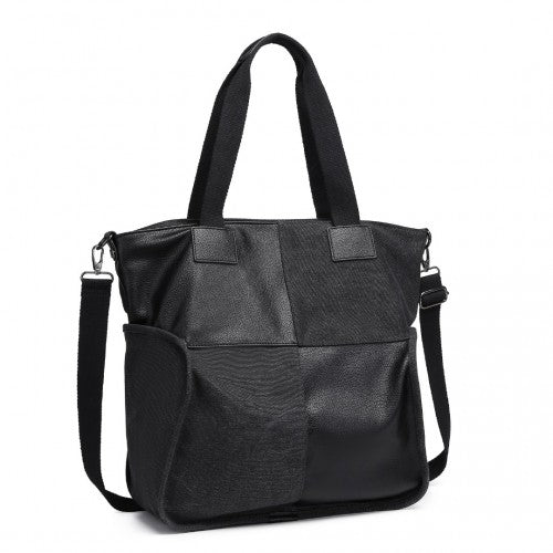 Kono Paneled Contrast Large Capacity Canvas Shoulder Bag - Black