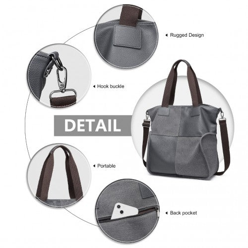 Kono Paneled Contrast Large Capacity Canvas Shoulder Bag - Grey