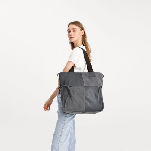Kono Paneled Contrast Large Capacity Canvas Shoulder Bag - Grey