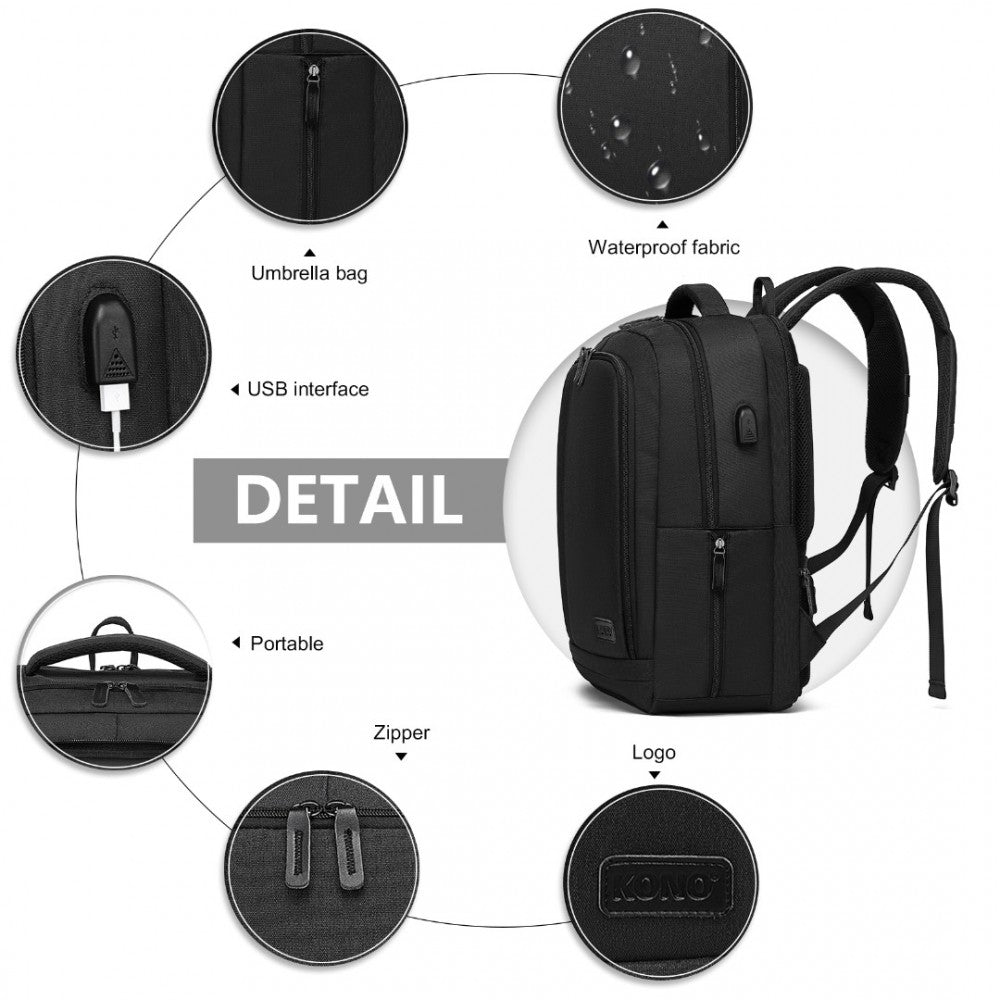 Kono Multi-Compartment Backpack With USB Port - Black