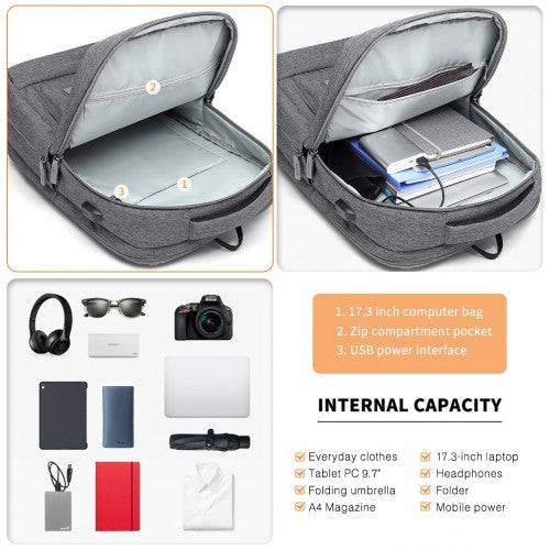 Kono Multi-Compartment Backpack With USB Port - Grey