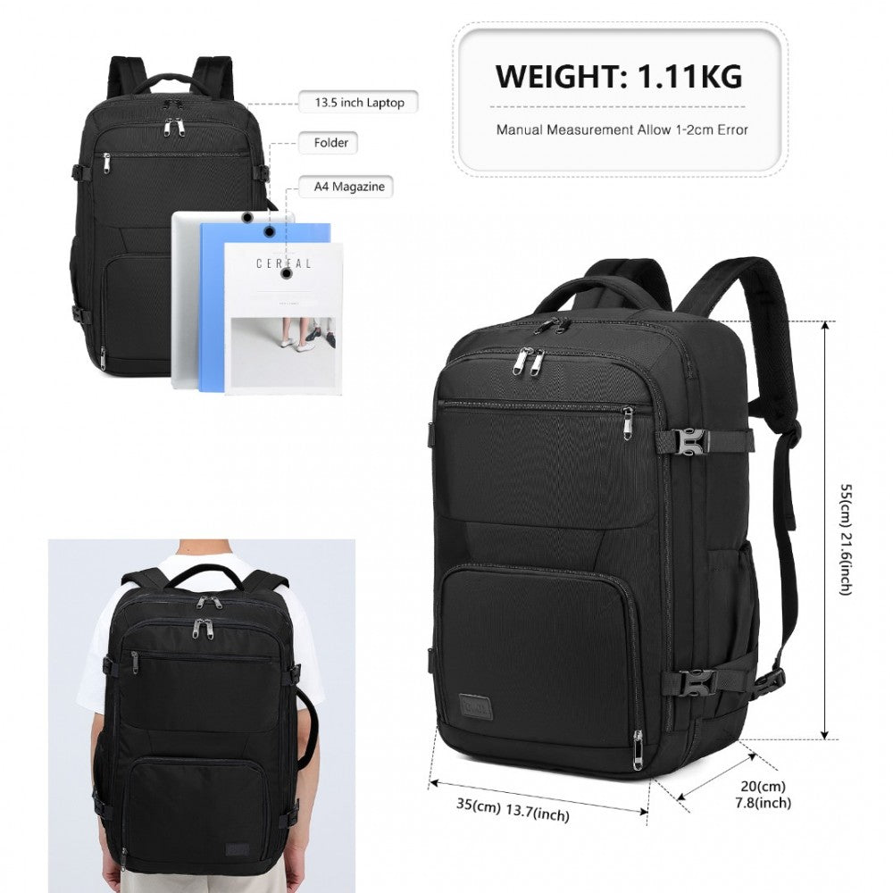 Kono Multifunctional Portable 39L Travel Backpack Cabin Luggage Bag - Black
