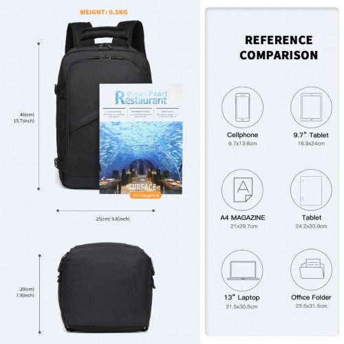 Kono Lightweight 20L Cabin Bag Travel Business Backpack - Black