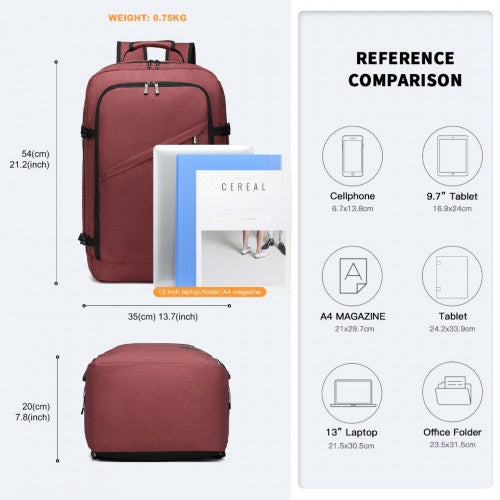 Kono Lightweight Cabin Bag Travel Business Backpack - Burgundy