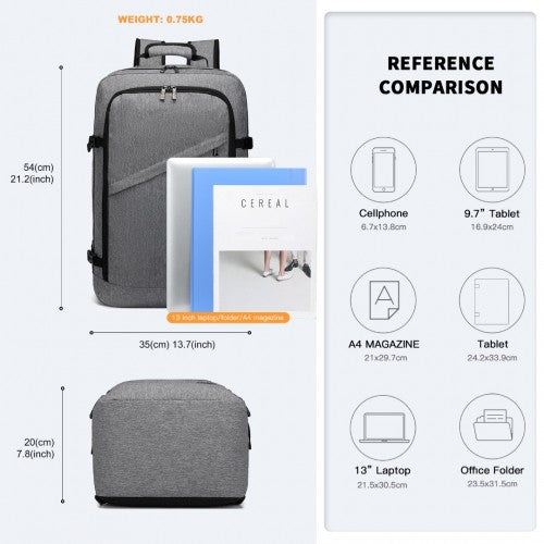 Kono Lightweight Cabin Bag Travel Business Backpack - Grey