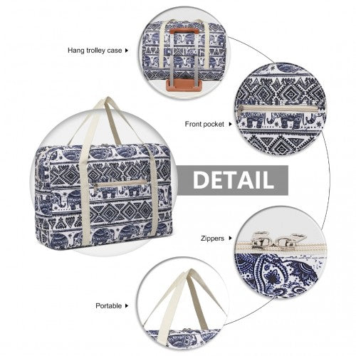 Kono Foldable Waterproof Storage Cabin Travel Handbag Elephant Print - Navy And Beige