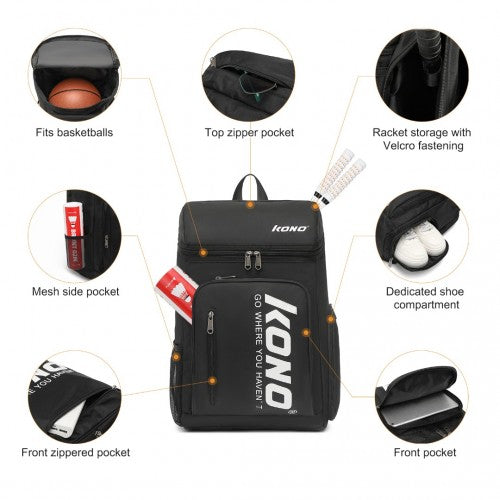 Kono Versatile Sports Backpack With Independent Shoe Compartment - Black