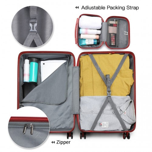 Kono Abs Sculpted Horizontal Design 4 Pcs Suitcase Set With Vanity Case - Burgundy