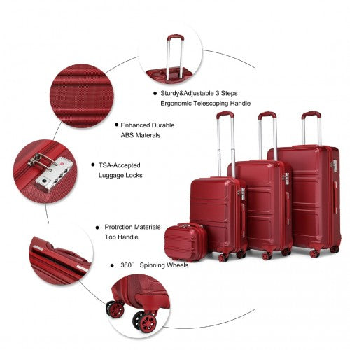 Kono Abs Sculpted Horizontal Design 4 Pcs Suitcase Set With Vanity Case - Burgundy