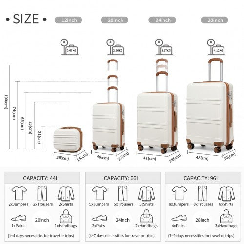 Kono Abs Sculpted Horizontal Design 4 Pcs Suitcase Set With Vanity Case - Cream