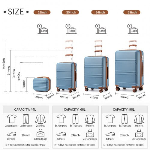 Kono Abs Sculpted Horizontal Design 4 Pcs Suitcase Set With Vanity Case - Grayish Blue And Brown