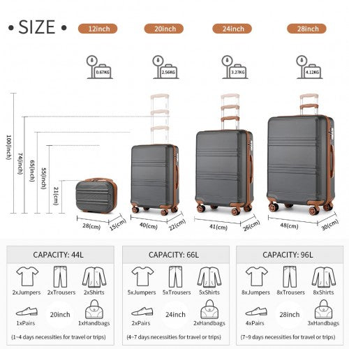Kono Abs Sculpted Horizontal Design 4 Pcs Suitcase Set With Vanity Case - Grey And Brown