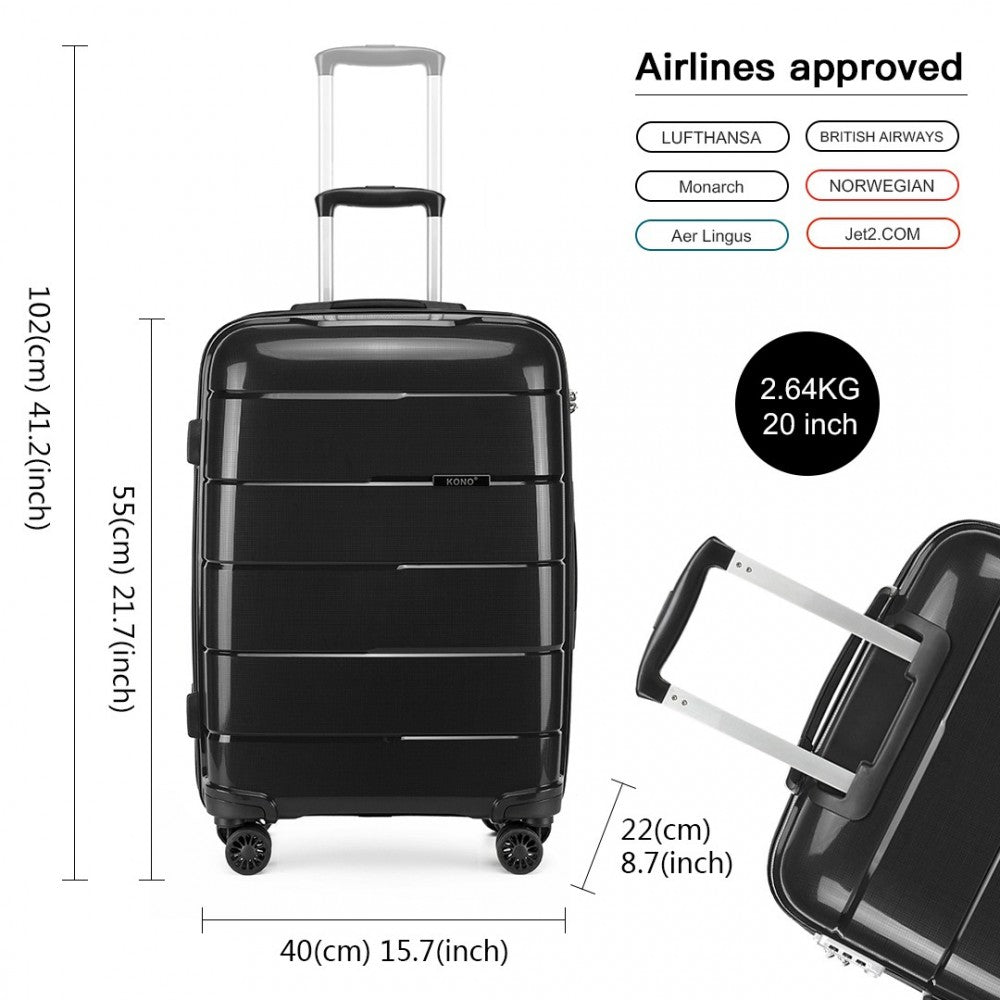 Kono 20 Inch Cabin Size Hard Shell PP Suitcase - Black