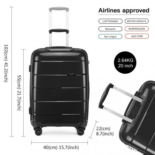 Kono 20 Inch Cabin Size Hard Shell PP Suitcase - Black