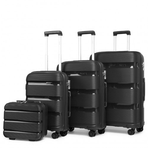 Kono Bright Hard Shell PP Suitcase With TSA Lock And Vanity Case 4 Pieces Set - Classic Collection - Black