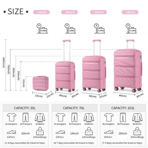 Kono Bright Hard Shell PP Suitcase With TSA Lock And Vanity Case 4 Pieces Set - Classic Collection - Pink