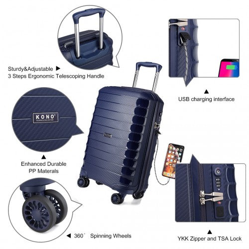 Kono Cabin Size Classic Collection PP Luggage With Charging Interface - Navy Blue