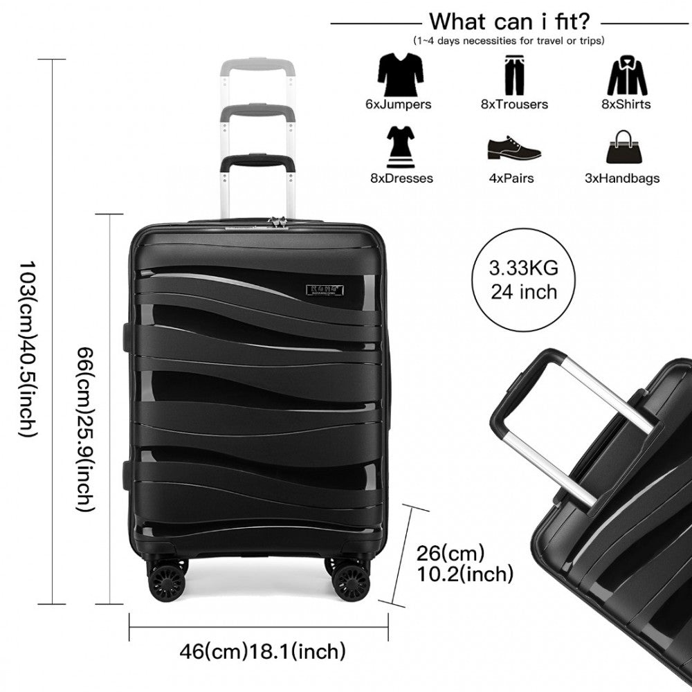 Kono 24 Inch Lightweight Polypropylene Hard Shell Suitcase With TSA Lock - Black