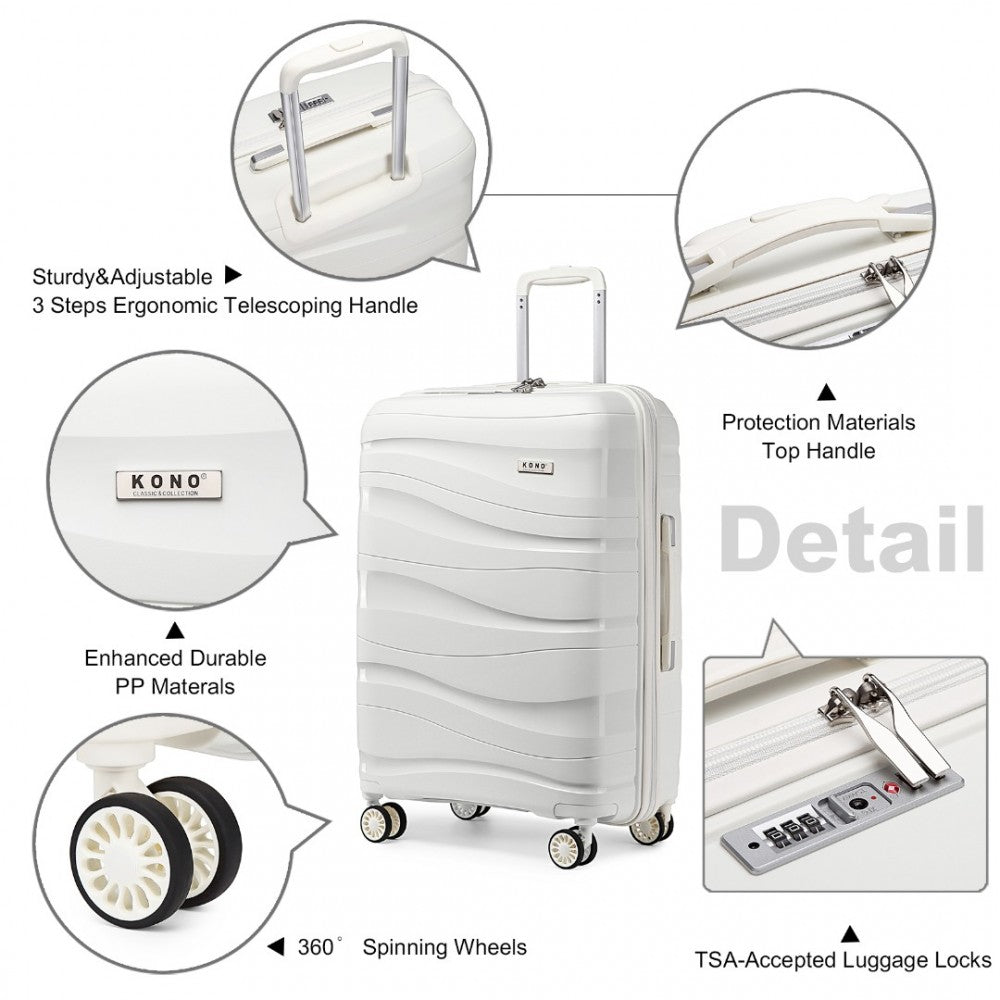 Kono 24 Inch Lightweight Polypropylene Hard Shell Suitcase With TSA Lock - White