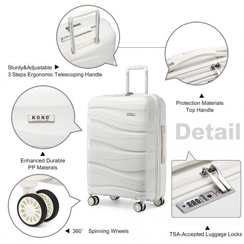 Kono 28 Inch Lightweight Polypropylene Hard Shell Suitcase With TSA Lock - White
