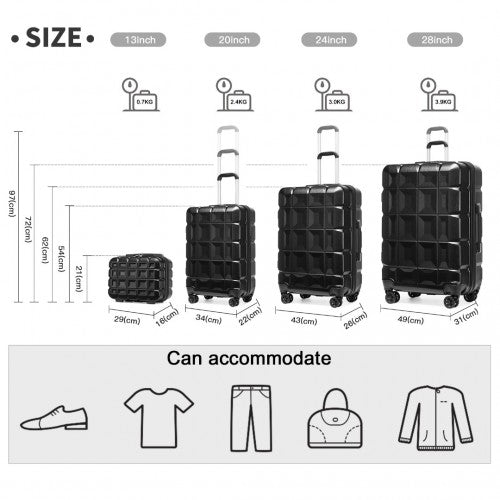 Kono Lightweight Hard Shell Abs Suitcase With TSA Lock And Vanity Case 4 Piece Set - Black