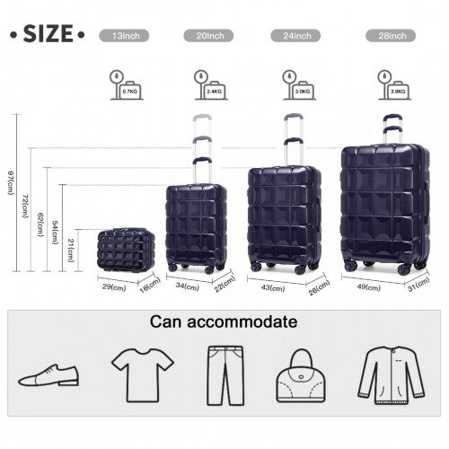 Kono Lightweight Hard Shell Abs Suitcase With TSA Lock And Vanity Case 4 Piece Set - Navy
