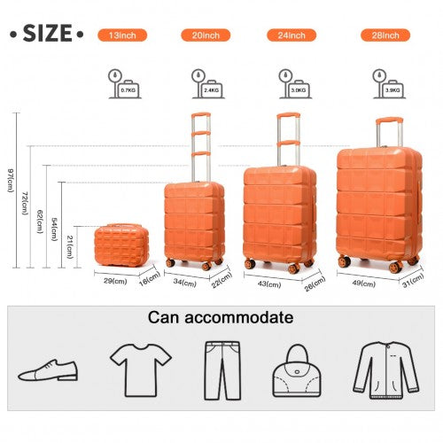 Kono Lightweight Hard Shell Abs Suitcase With TSA Lock And Vanity Case 4 Piece Set - Orange