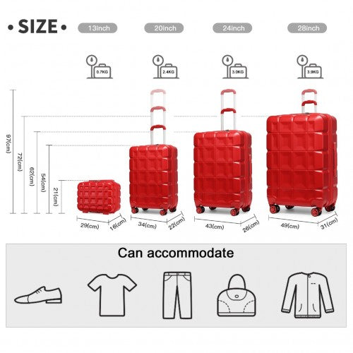 Kono Lightweight Hard Shell Abs Suitcase With TSA Lock And Vanity Case 4 Piece Set - Red