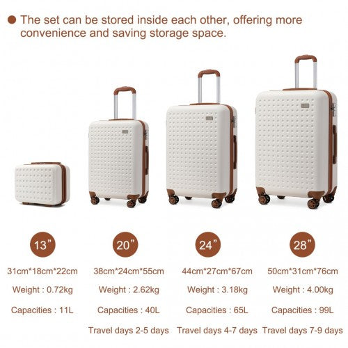 Kono Flexible Hard Shell Abs Suitcase With TSA Lock And Vanity Case 4 Piece Set - Cream