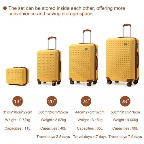 Kono Flexible Hard Shell Abs Suitcase With TSA Lock And Vanity Case 4 Piece Set - Yellow