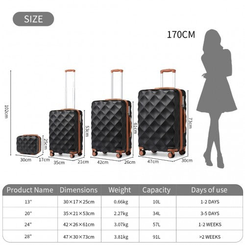 British Traveller Ultralight Abs And Polycarbonate Bumpy Diamond 4 Pcs Luggage Set With TSA Lock - Black And Brown