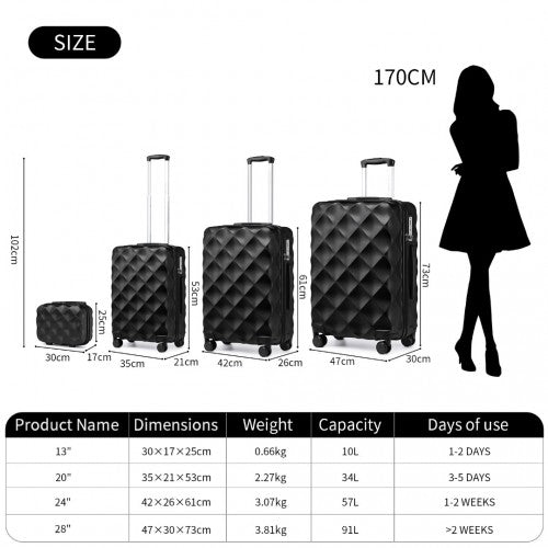 British Traveller Ultralight Abs And Polycarbonate Bumpy Diamond 4 Pcs Luggage Set With TSA Lock - Black