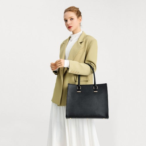Miss Lulu Leather Look Classic Square Shoulder Bag - Black