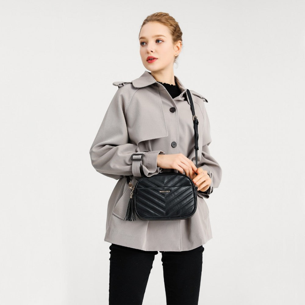 Miss Lulu Lightweight Quilted Leather Cross Body Bag - Black