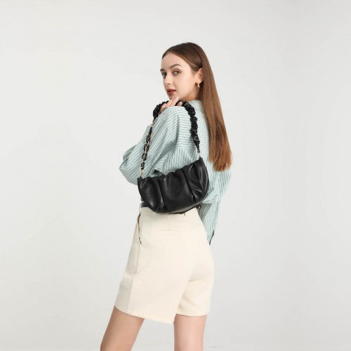 Miss Lulu Premium Chain Cloud-Like Pochette Handbag - Black
