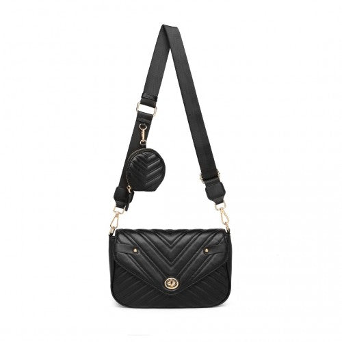 Miss Lulu V-Quilted Flap Leather Shoulder Bag - Black