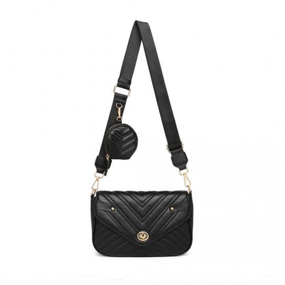 Miss Lulu V-Quilted Flap Leather Shoulder Bag - Black