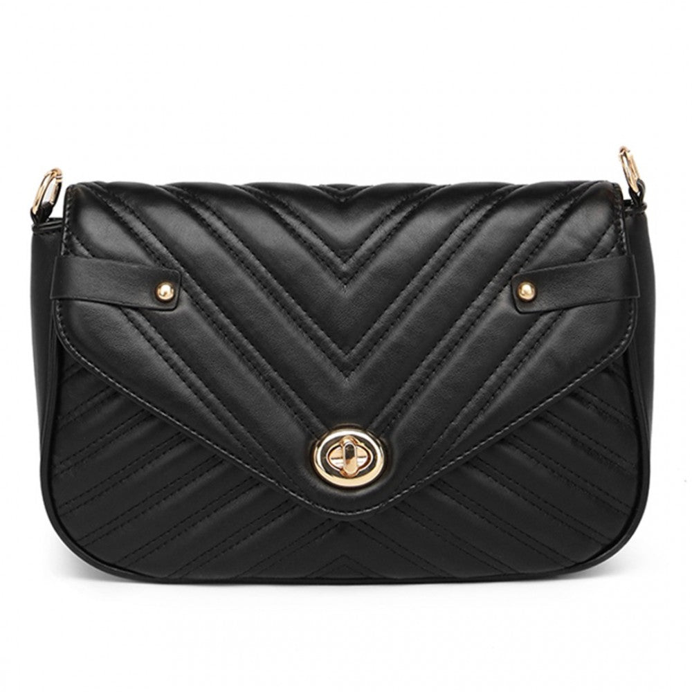 Miss Lulu V-Quilted Flap Leather Shoulder Bag - Black