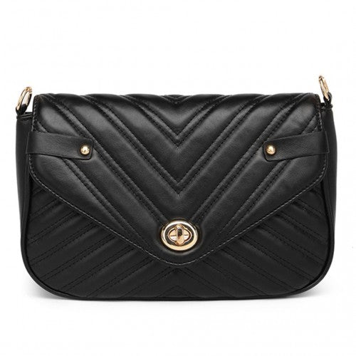 Miss Lulu V-Quilted Flap Leather Shoulder Bag - Black